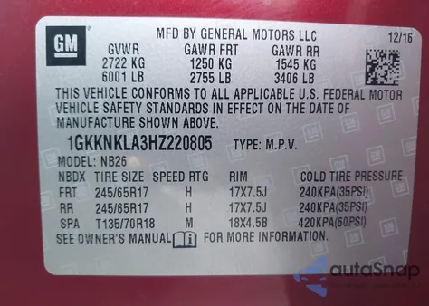 2017 GMC Acadia Sle-1 z USA, uszkodzony, nr VIN 1GKKNKLA3HZ220805